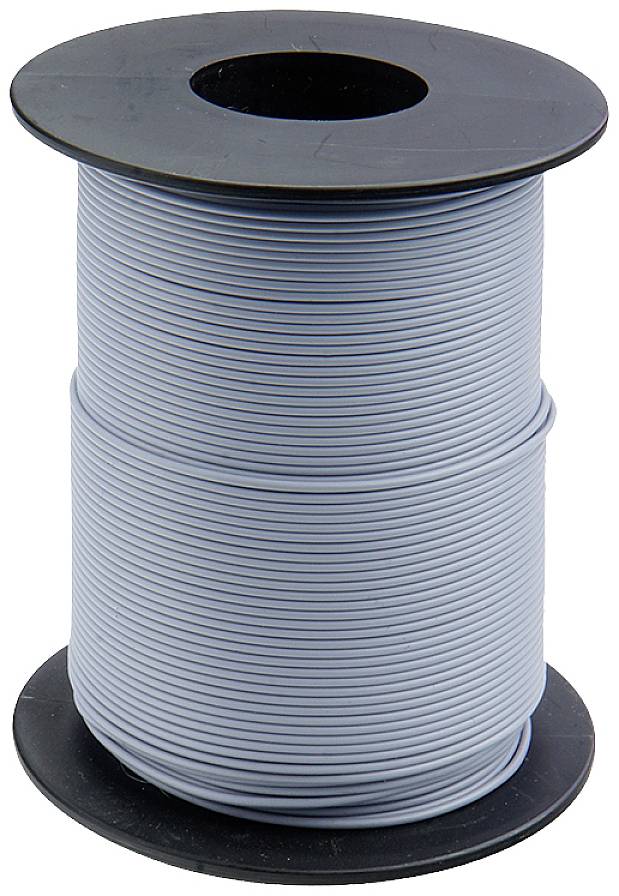 Bobine avec câble électrique gris, enroulé sur un mandrin noir en plastique.