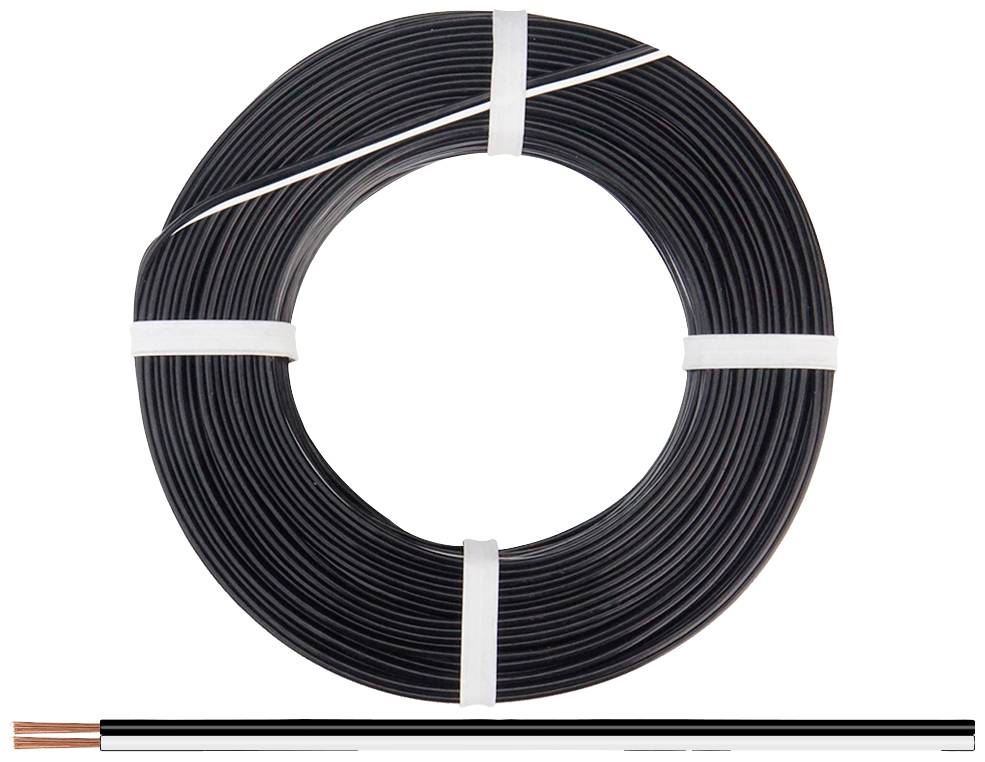 Un rouleau de câble noir avec un fil de cuivre dénudé à l'extrémité.