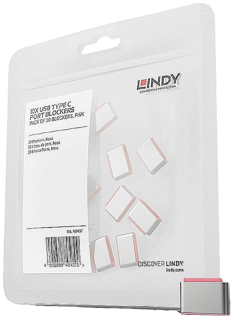 Emballage de 'Lindy USB Type C Port Blockers'. Contient 10 obturateurs roses pour protéger les ports USB-C inutilisés de la poussière et des saletés.