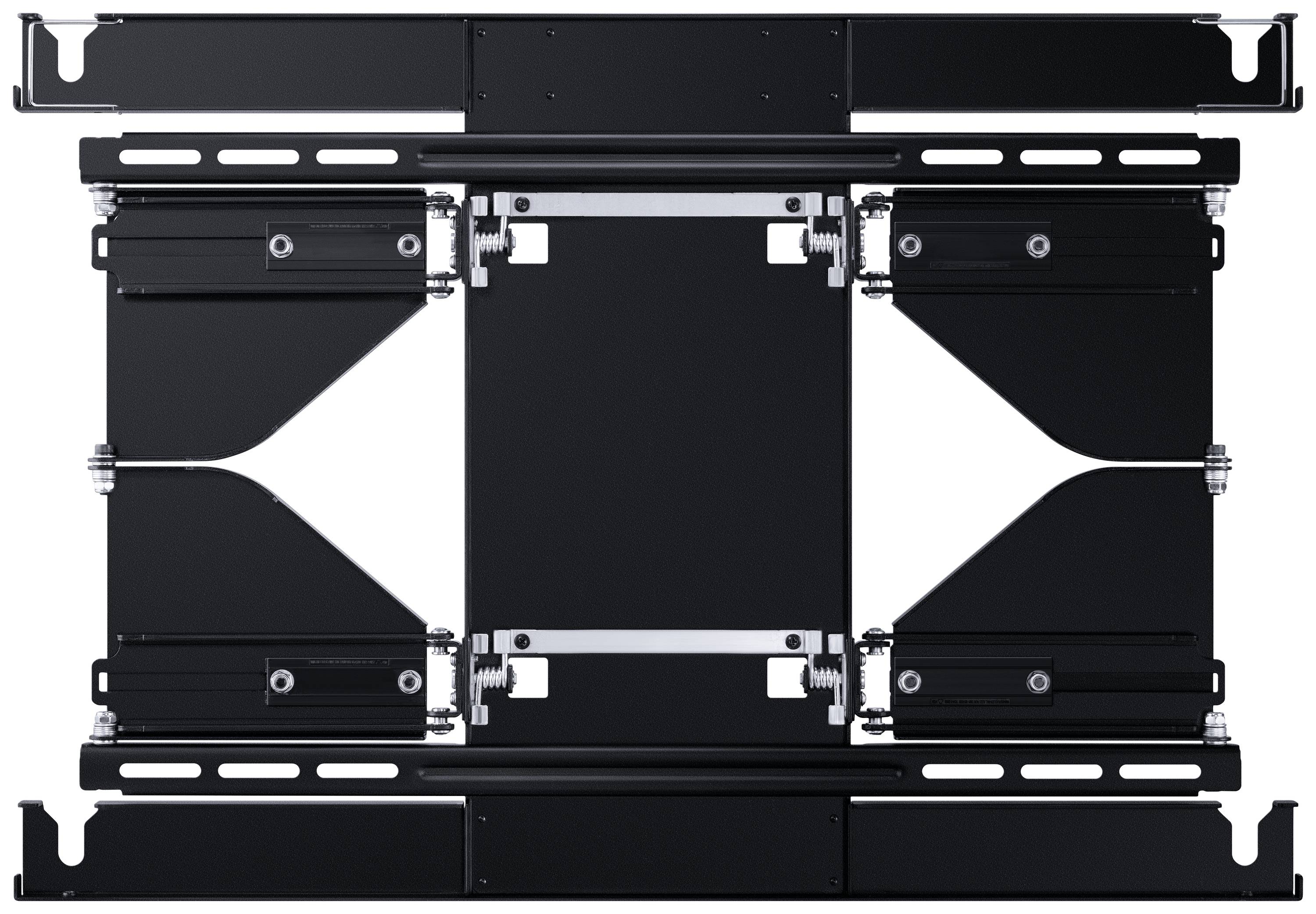 Un support noir rectangulaire avec des rails et un mécanisme à ressort, conçu pour la fixation d'appareils techniques sur des murs.
