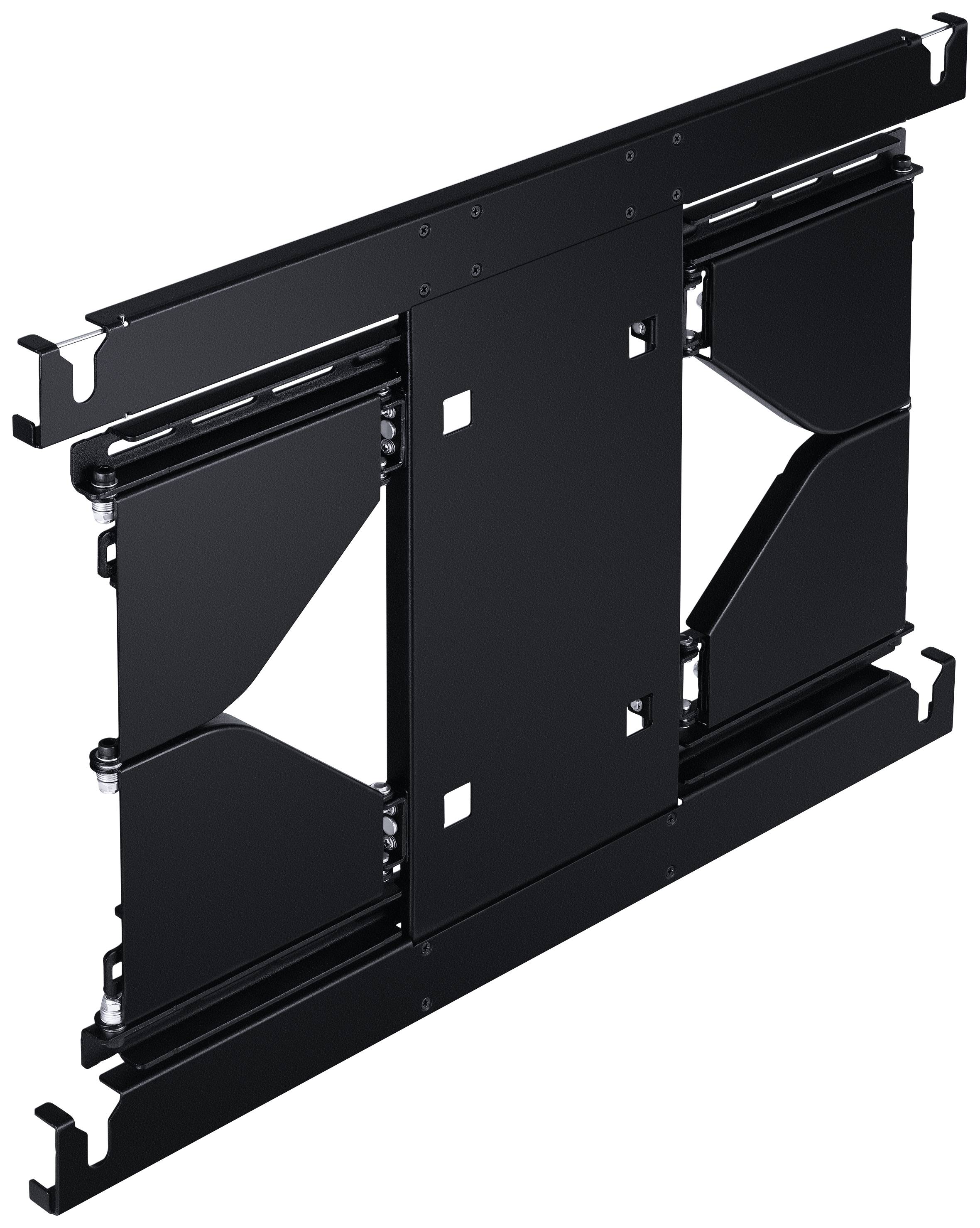 Support mural en métal noir pour téléviseurs à écran plat, posé à plat avec des supports réglables sur les côtés.