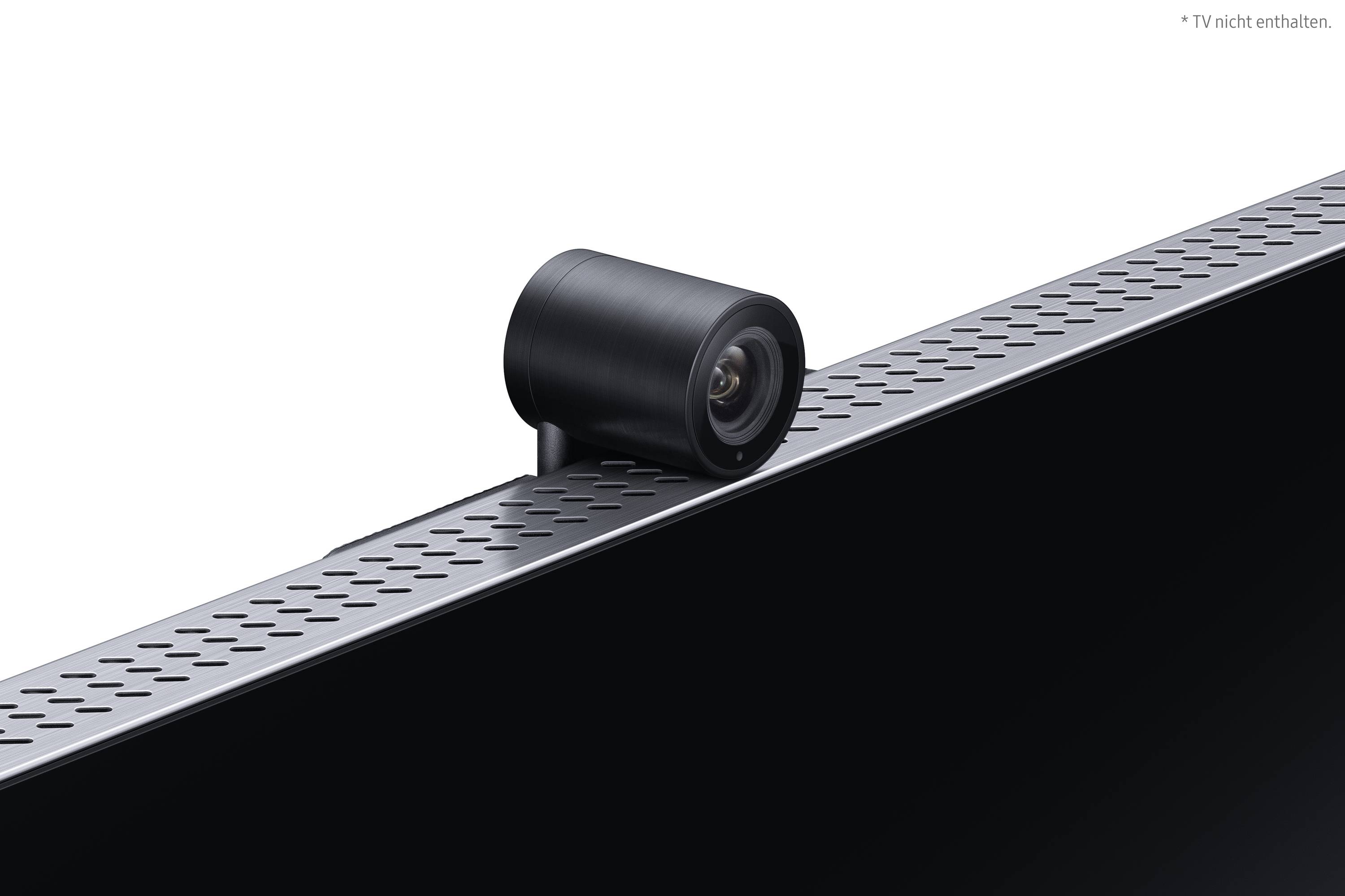 Une webcam noire montée sur un écran d'ordinateur, avec un design cylindrique et lisse. Aucun élément n'est visible en arrière-plan.