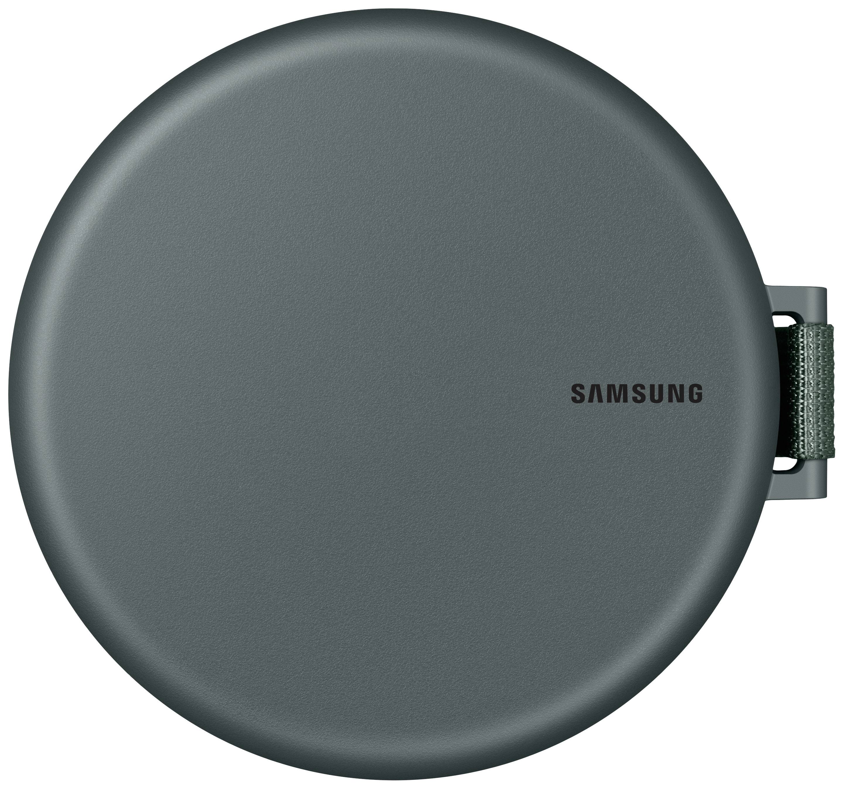 Chargeur rond, vert foncé, avec le logo Samsung, compact et portable, adapté pour le chargement sans fil des appareils.