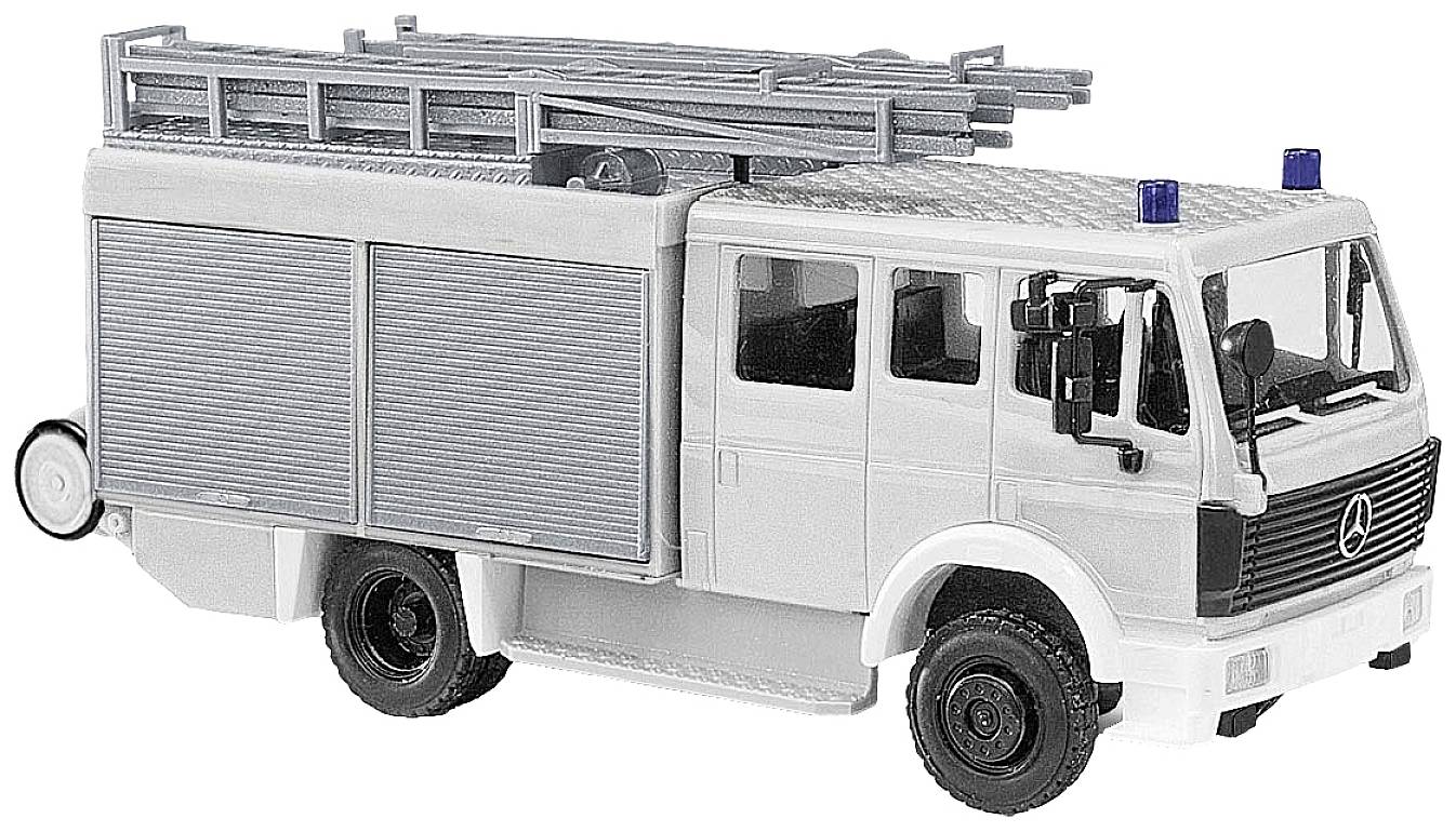 Modèle réduit d'un camion de pompiers blanc avec des échelles sur le toit et des gyrophares bleus distinctifs. Les détails du véhicule sont finement réalisés.