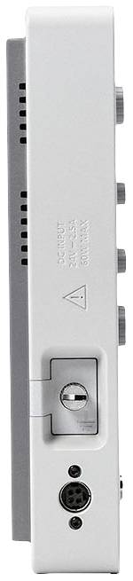 Vue latérale blanche d'un appareil électronique avec plusieurs boutons et une prise de connexion sur sa face inférieure.