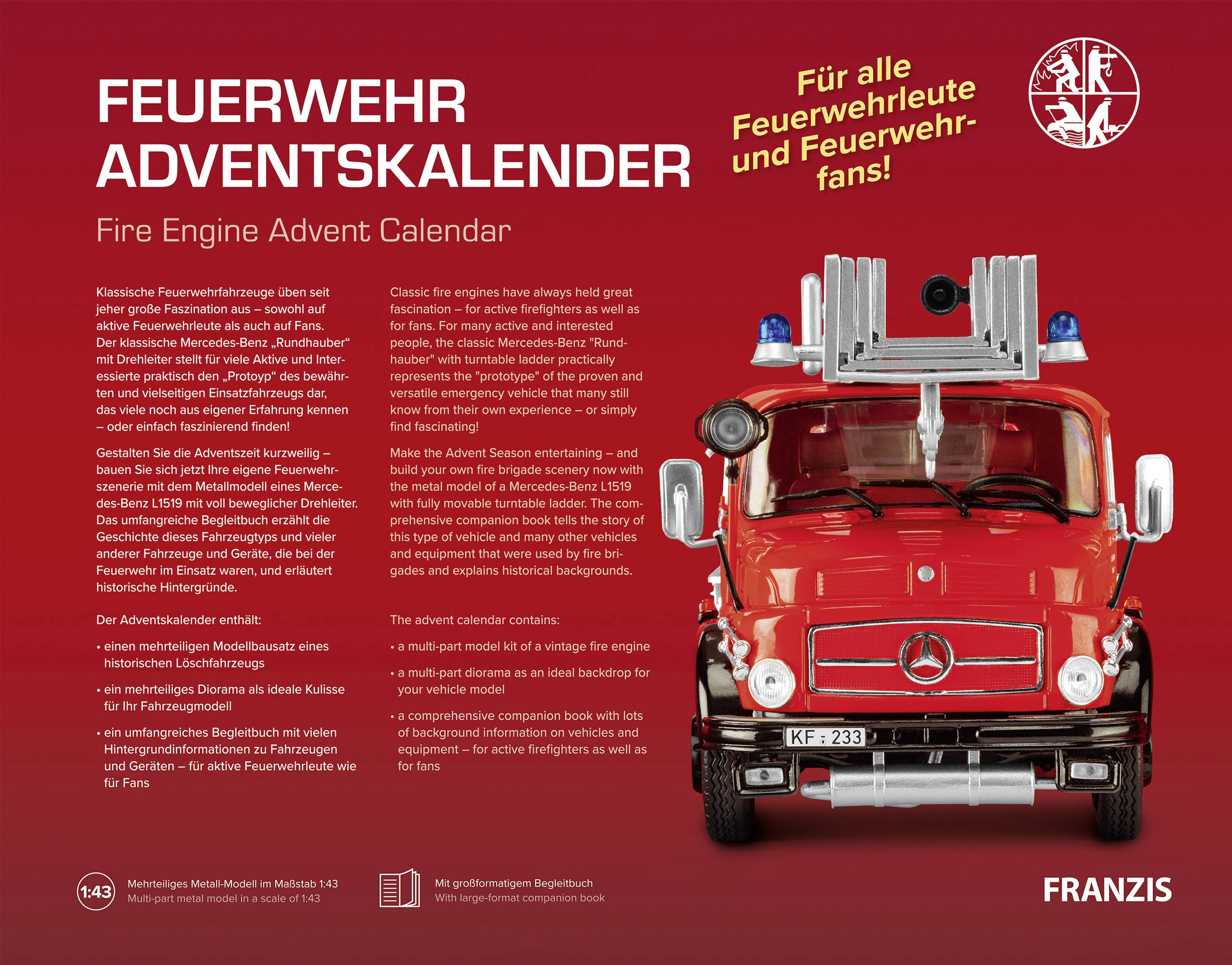 Une voiture de pompiers rouge avec un marquage d'un calendrier de l'Avent et des décorations de Noël. Texte : 'Pour tous les pompiers et les fans de pompiers !'