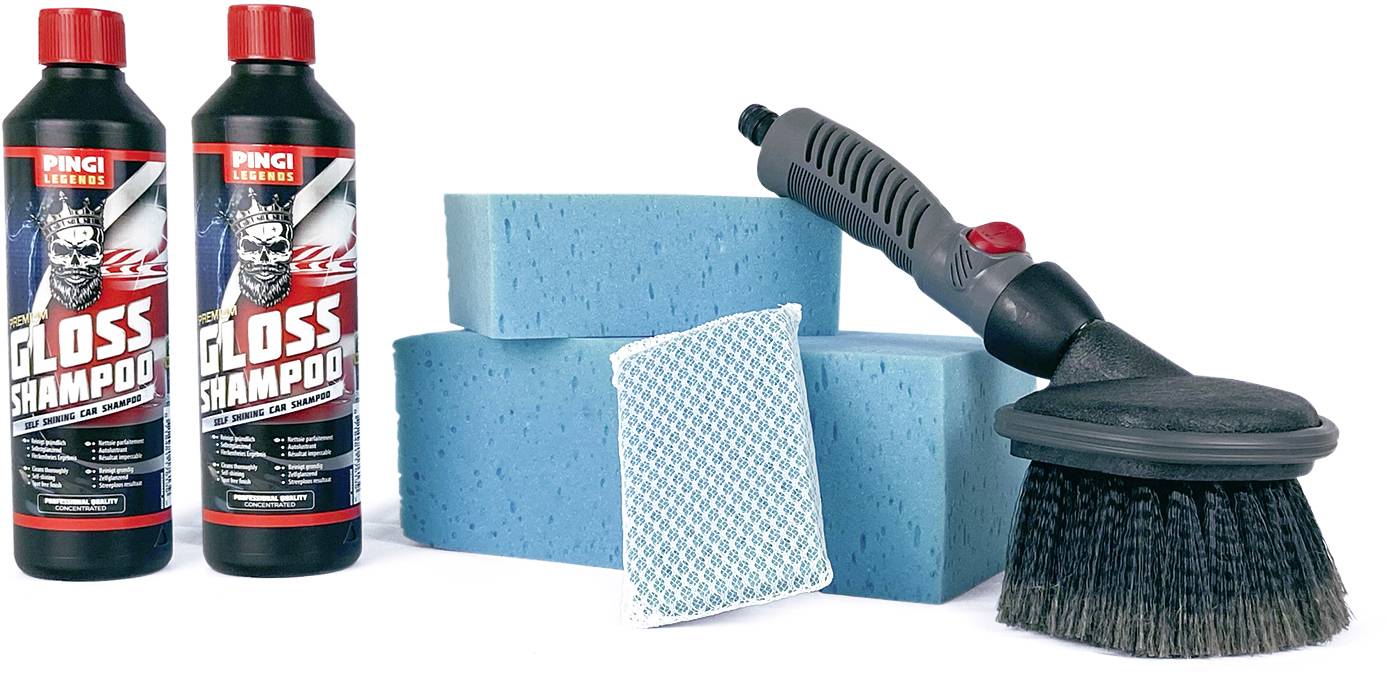 Ensemble de nettoyage pour voiture comprenant deux bouteilles de shampoing, deux éponges bleues, une brosse et une éponge blanche à maille.