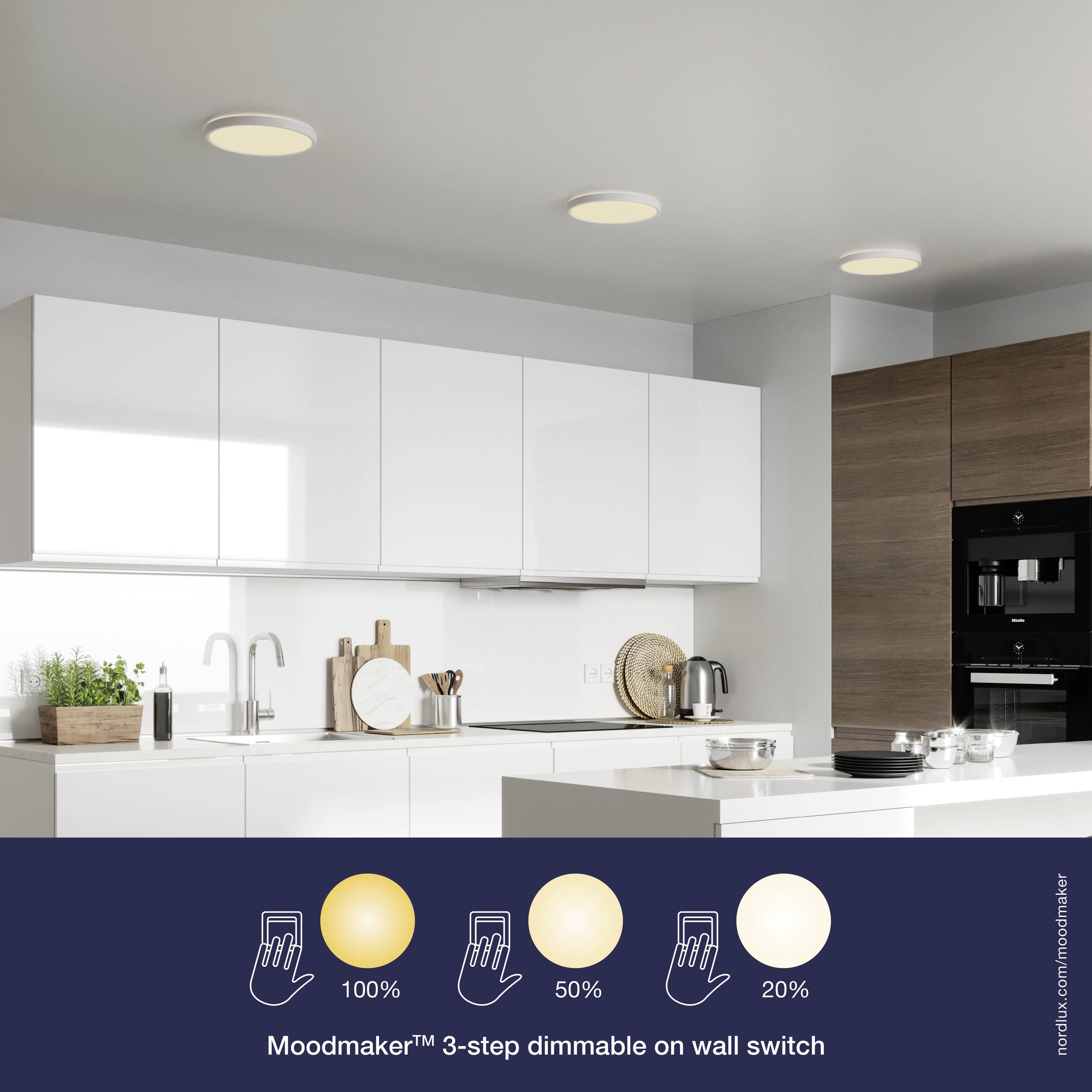 'Cuisine moderne avec armoires blanches et luminaires circulaires. L'image présente la fonction de variateur Moodmaker™ à 3 niveaux avec 100%, 50%, 20% de luminosité.'