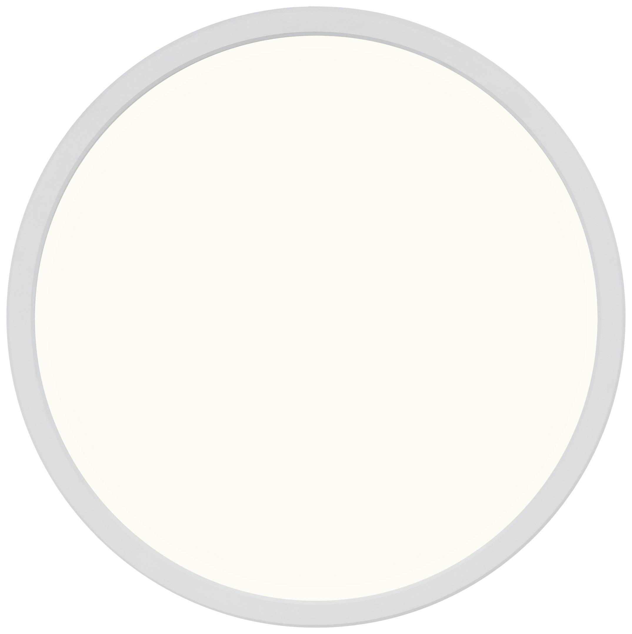 Panneau LED rond et plat avec un cadre blanc, diffusant une lumière douce et chalereuse. Adapté à l'éclairage intérieur dans les espaces de vie ou de travail.