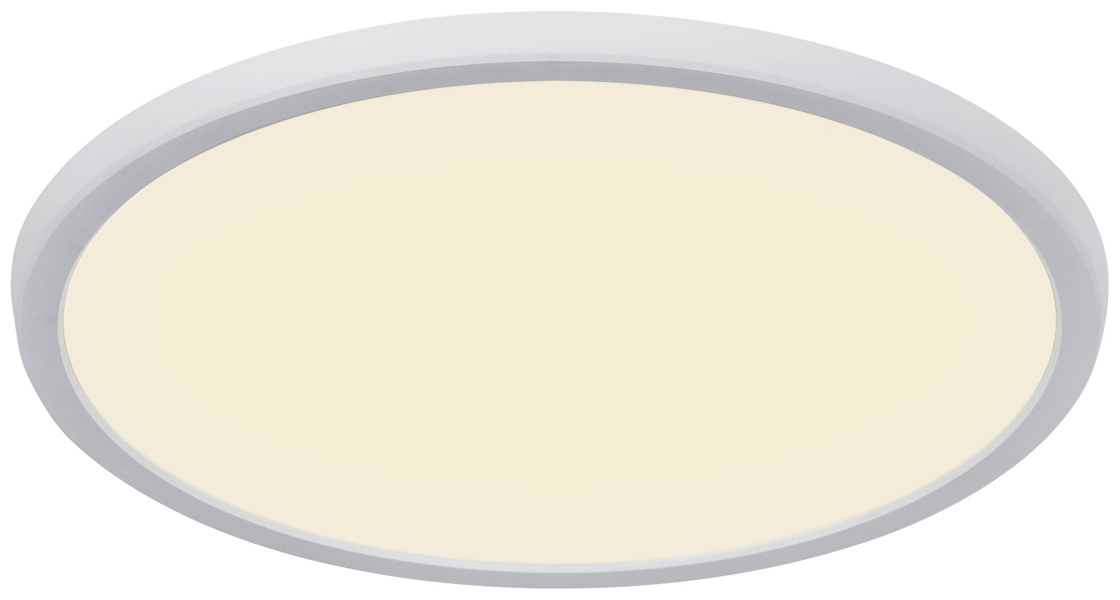 Plafonnier LED rond à bordure blanche et lumière blanc chaud, adapté aux espaces de vie ou de travail.