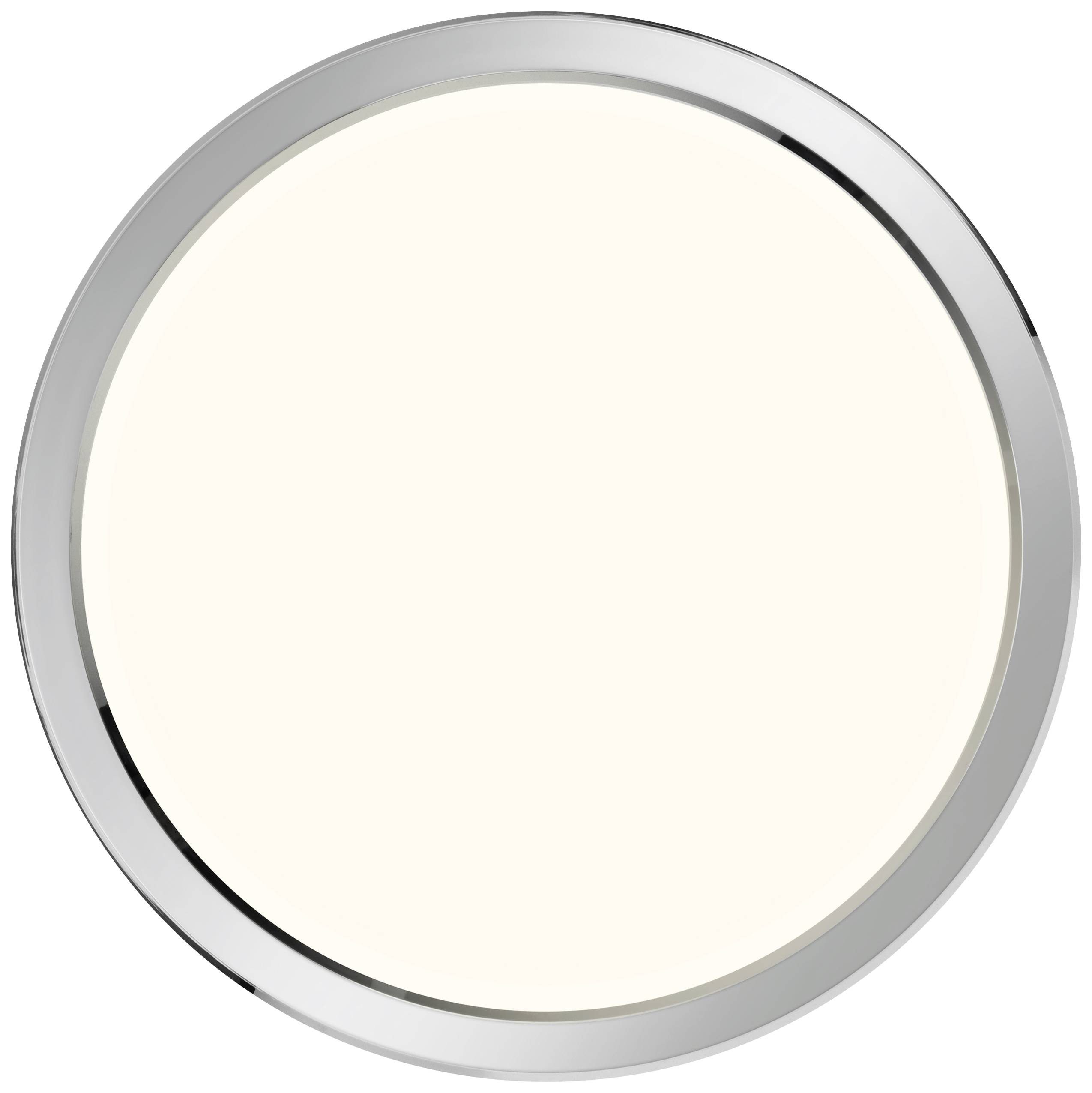 Une lampe de plafond ronde, plate, blanche avec un contour argenté, qui éclaire uniformément et procure un éclairage doux.