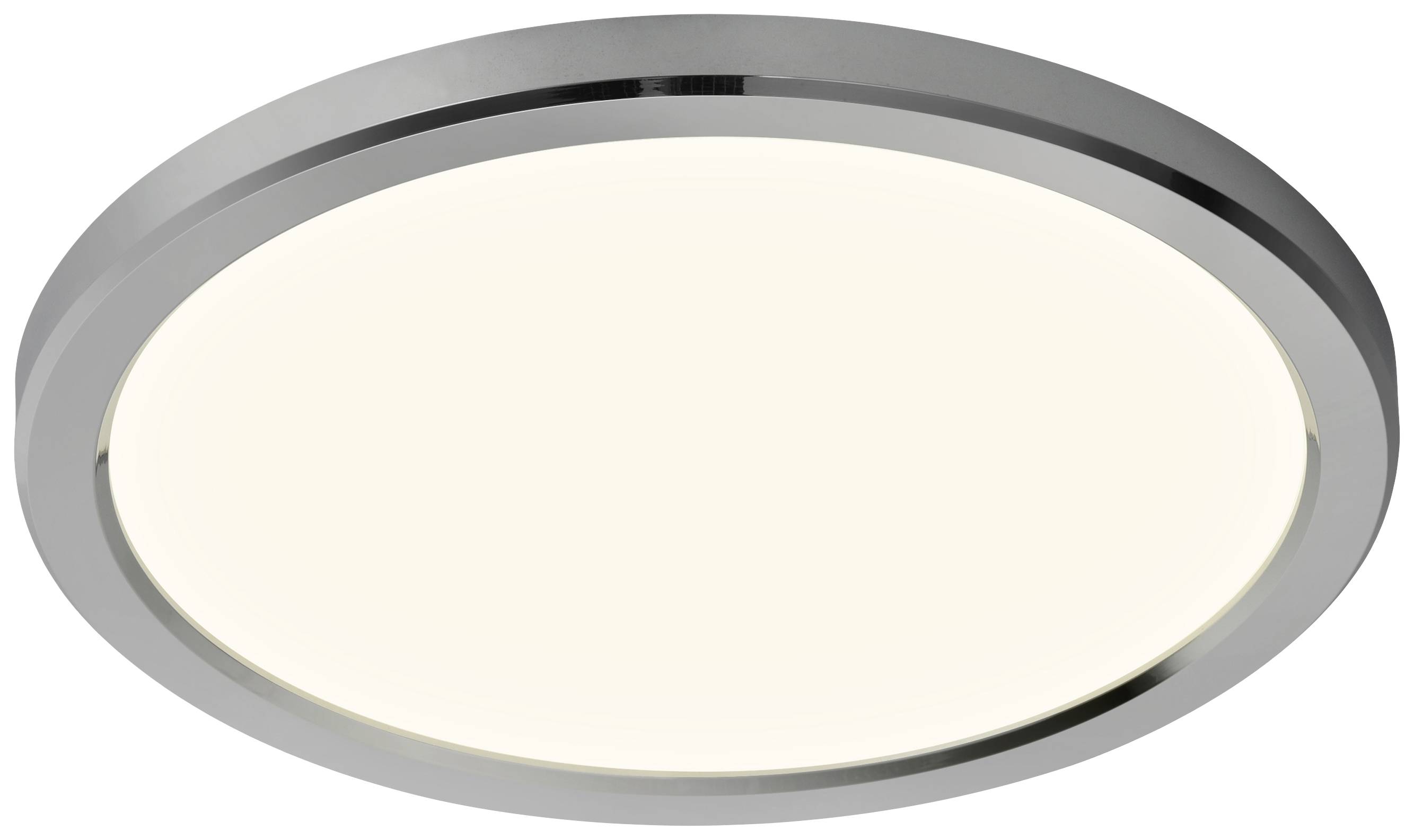 Plafonnier rond et moderne avec bordure argentée et surface blanche à diffusion lumineuse. Idéal pour un éclairage uniforme de la pièce.