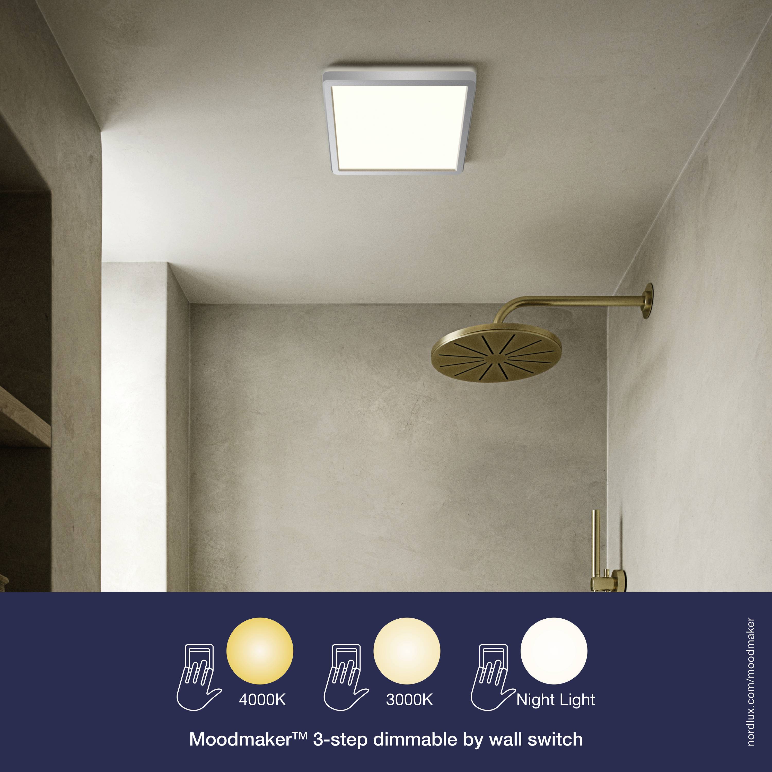 Un luminaire de plafond rectangulaire dans un espace minimaliste. Ci-dessous sont présentées trois options d'éclairage avec différentes températures de couleur.