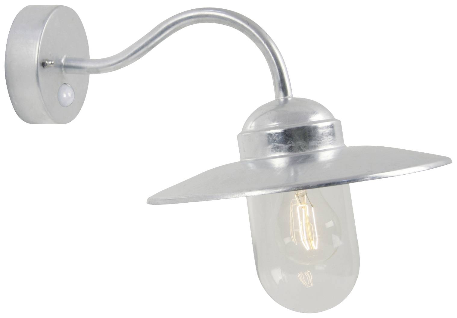 Lampe murale argentée avec ampoule et bras incurvé, style industriel, montée au mur.