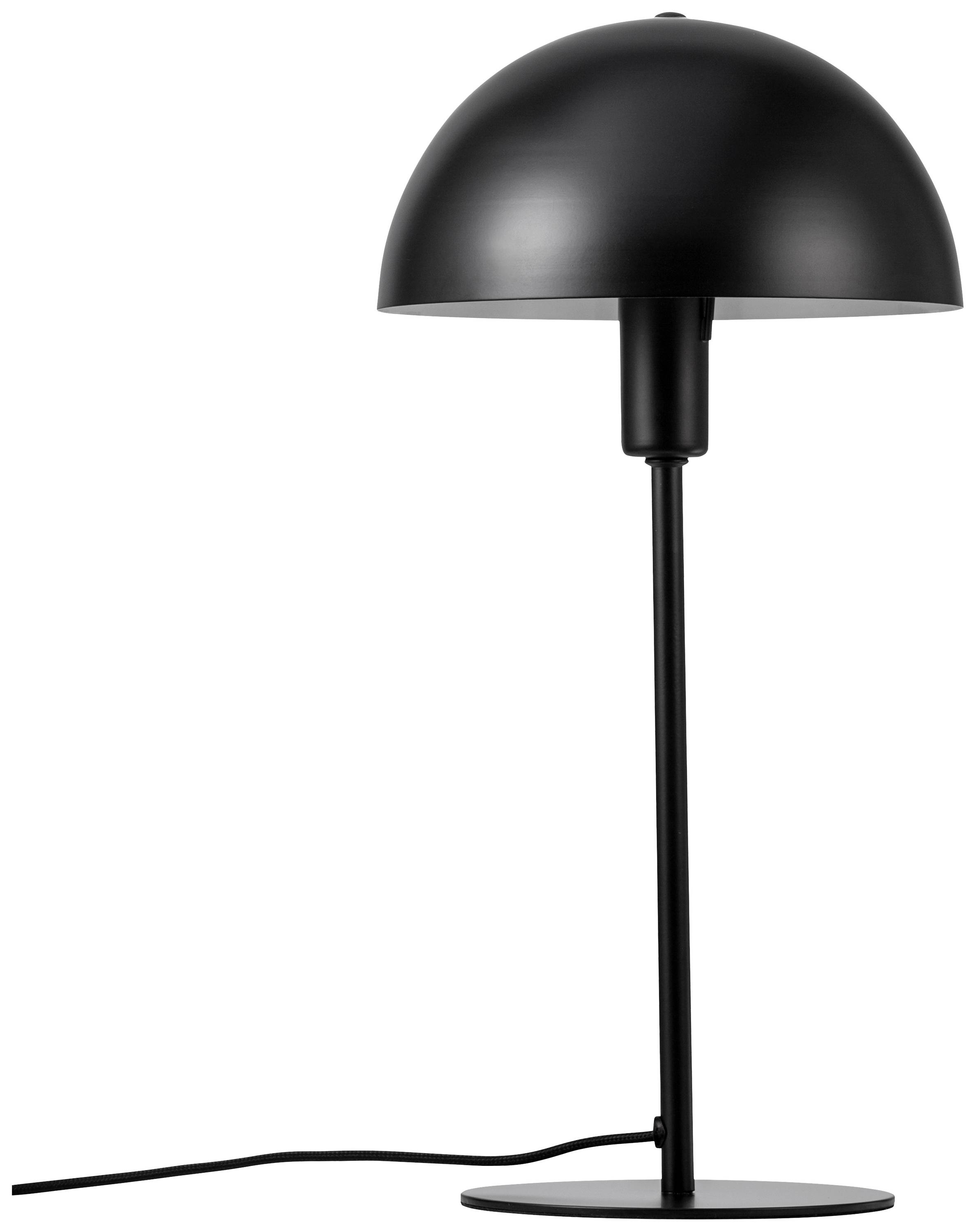 Lampe de table noire avec abat-jour rond et support élancé, adaptée au design intérieur moderne.