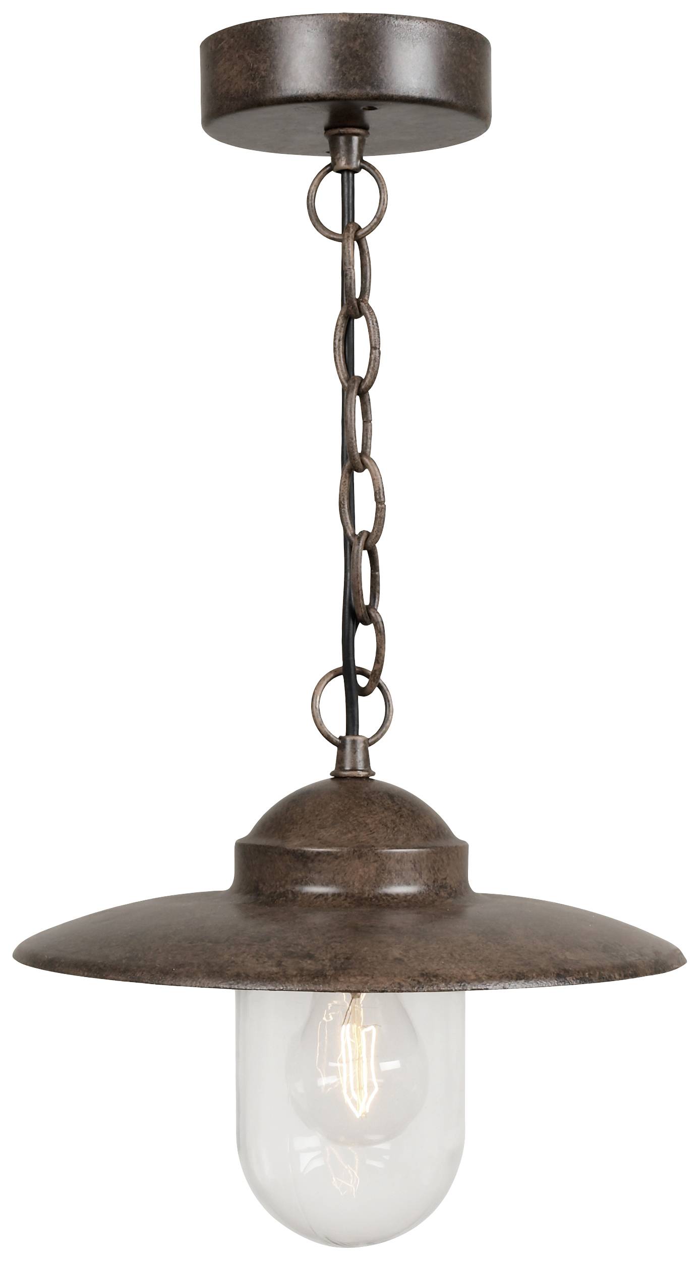 Suspension de style rustique avec un abat-jour en métal brun et une ampoule apparente en dessous.