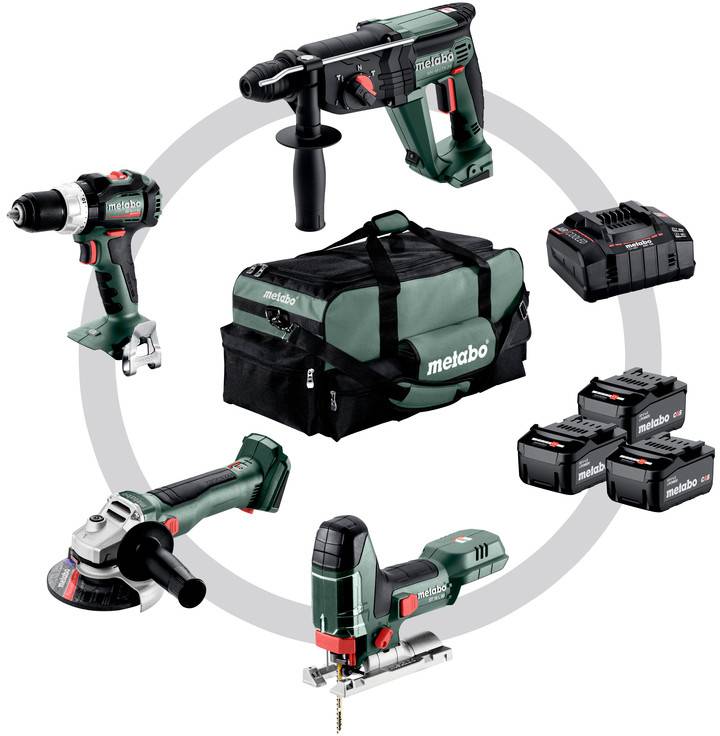 Ensemble d'outils comprenant une perceuse, une meuleuse d'angle, une scie sauteuse, des batteries, un chargeur et un sac de transport de la marque Metabo.