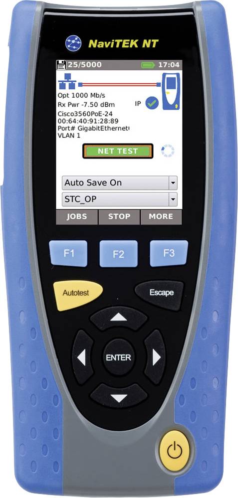 Un testeur de réseau NaviTEK NT affiche les résultats de test réseau sur l'écran, avec des options de test automatique, de sauvegarde et de détails IP.