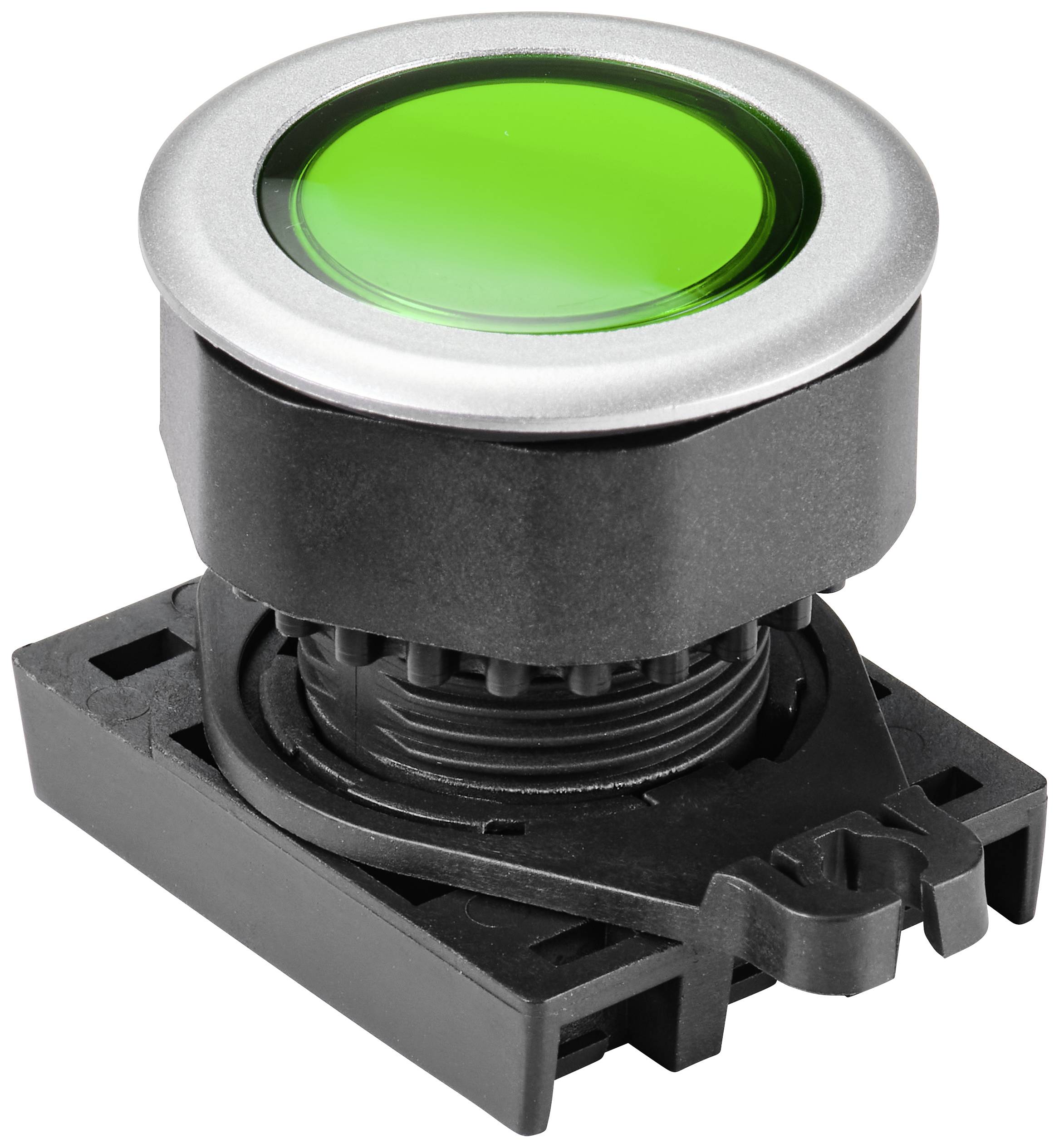 Un bouton rond de couleur verte avec un bord argenté, monté sur une base noire, probablement un élément de commande pour des machines.