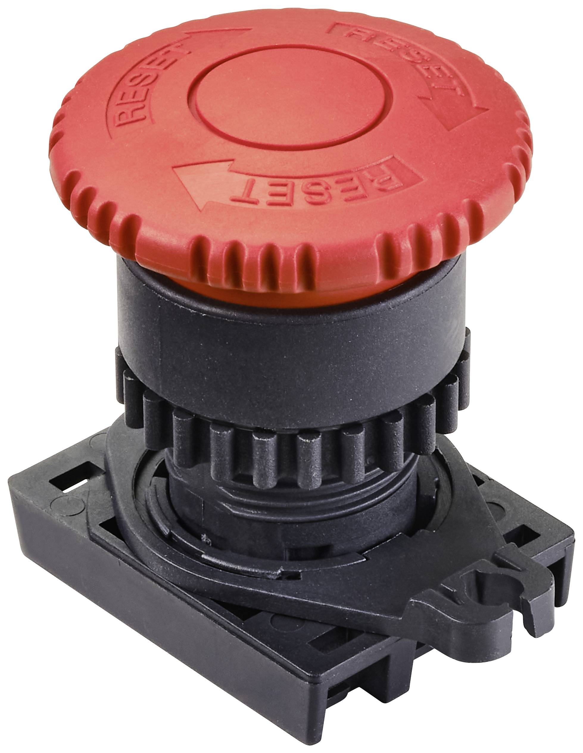 Un bouton d'arrêt d'urgence rouge sur un socle noir. Le bouton est rond et porte l'inscription 'RESET'.