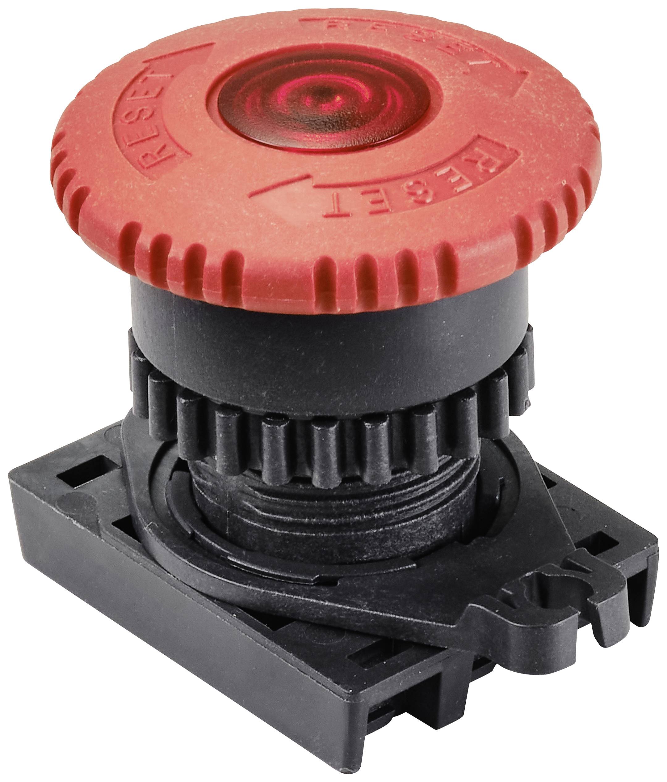 Bouton d'arrêt d'urgence avec capuchon rouge et rond, monté sur une base noire.