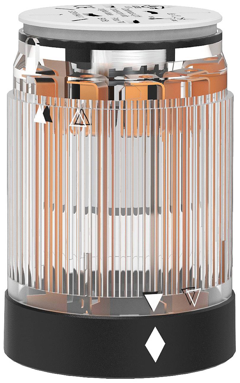 Un luminaire LED cylindrique avec un boîtier strié transparent et un insert orange, monté sur une base noire.
