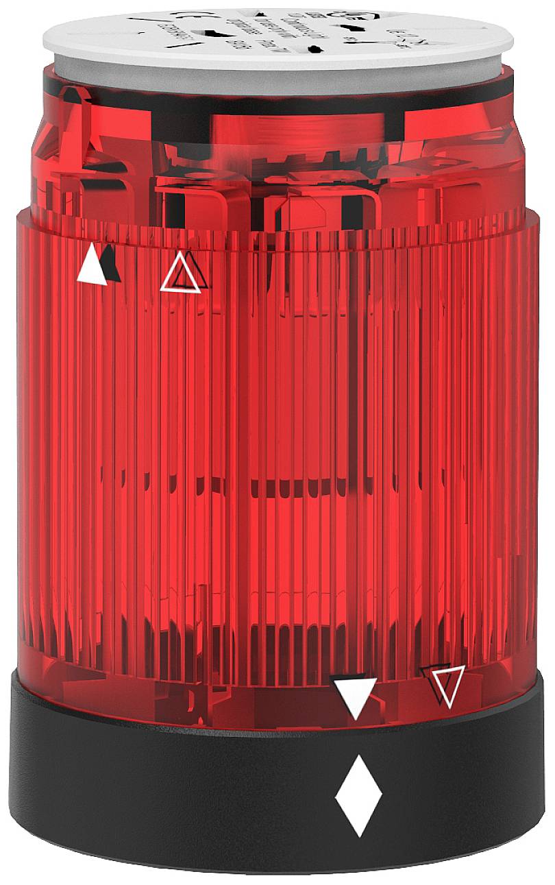 Voyant d'avertissement rouge avec socle noir, contenant des symboles blancs.