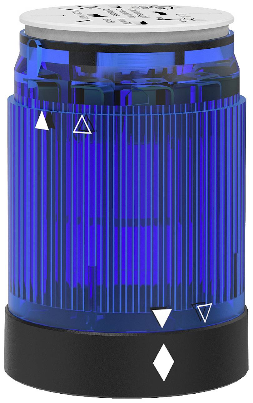 Balise cylindrique bleue à LED, avec des marquages noirs et blancs à la base.