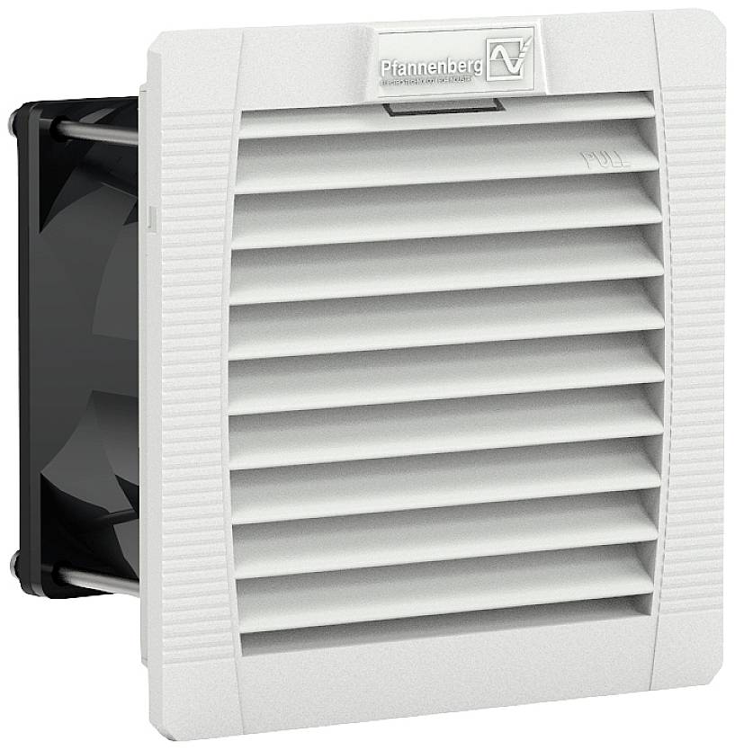 Un ventilateur gris avec des lamelles horizontales et un cadre rectangulaire. Un logo de marque est apposé en haut.