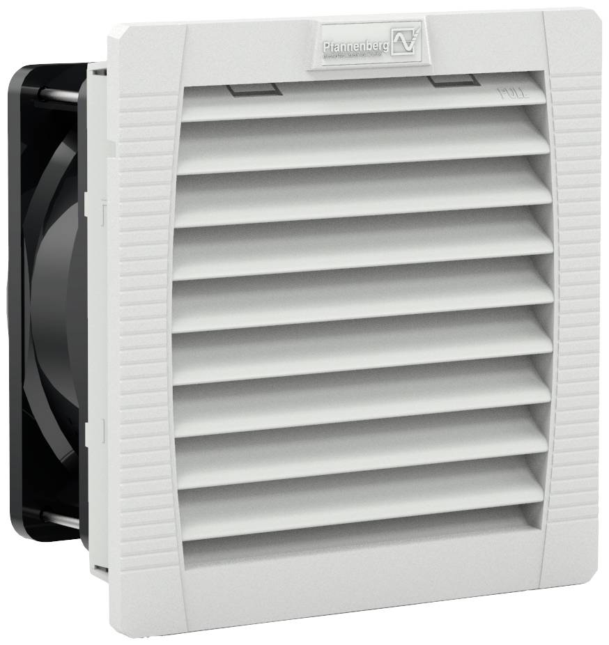 Un insert de grille de ventilation gris avec des lamelles horizontales, marqué 'Rittal', montre un composant technique de ventilation.