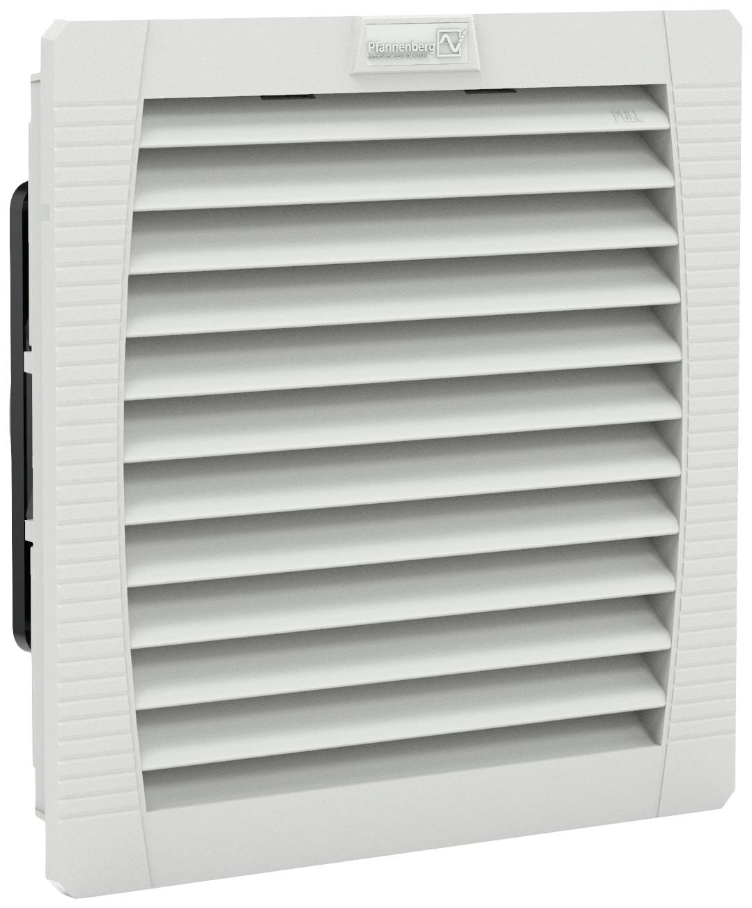 Vue de face d'une grille de ventilation rectangulaire blanche à lamelles horizontales.