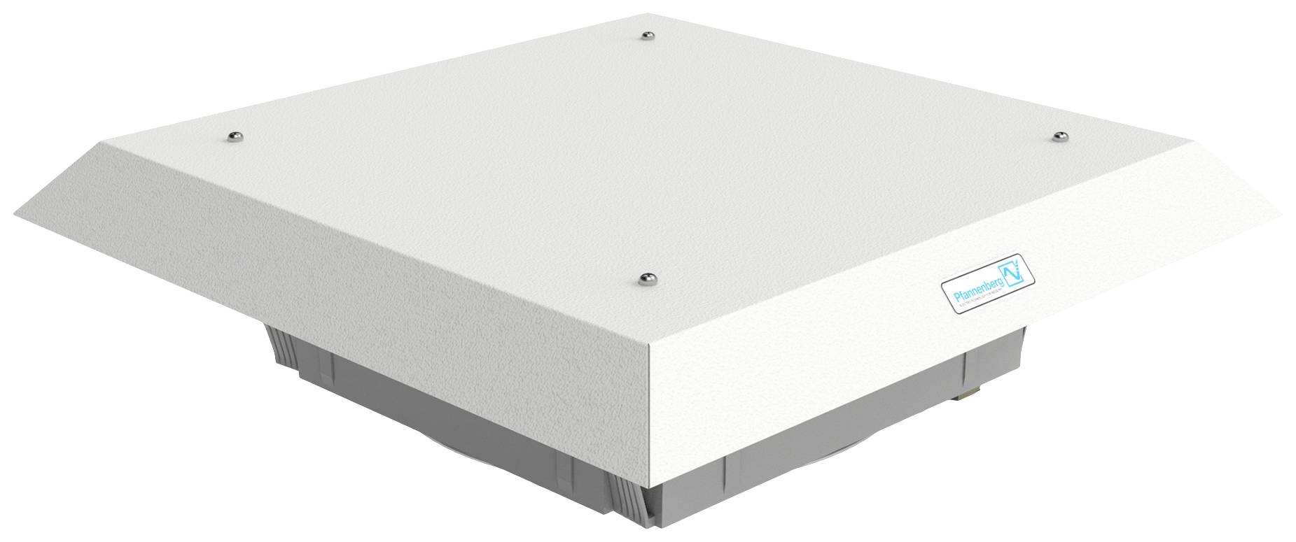 Un ventilateur rectangulaire et plat en métal, qui peut être installé sur un toit, avec une petite étiquette sur le côté.