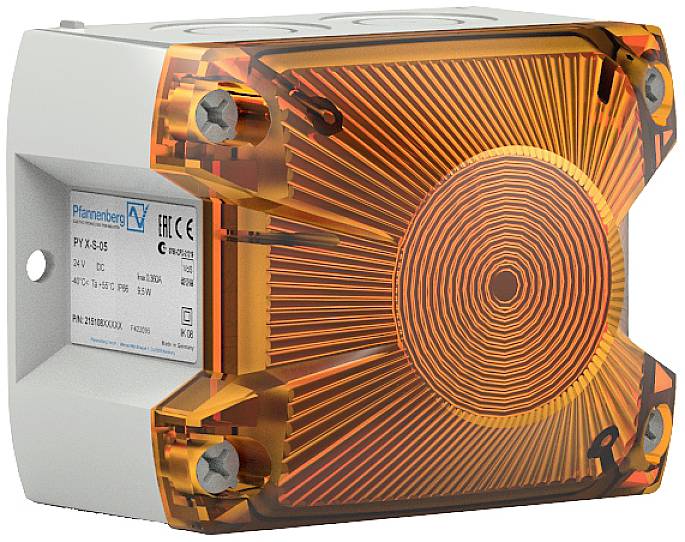 Un dispositif d'éclairage d'avertissement rectangulaire orange, monté sur un support gris, avec des spécifications techniques sur le côté gauche.