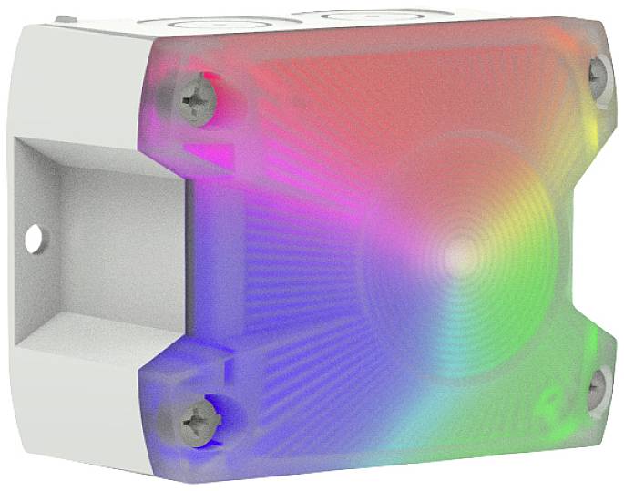 Un appareil rectangulaire avec un couvercle translucide qui s'illumine alternativement avec des couleurs arc-en-ciel.
