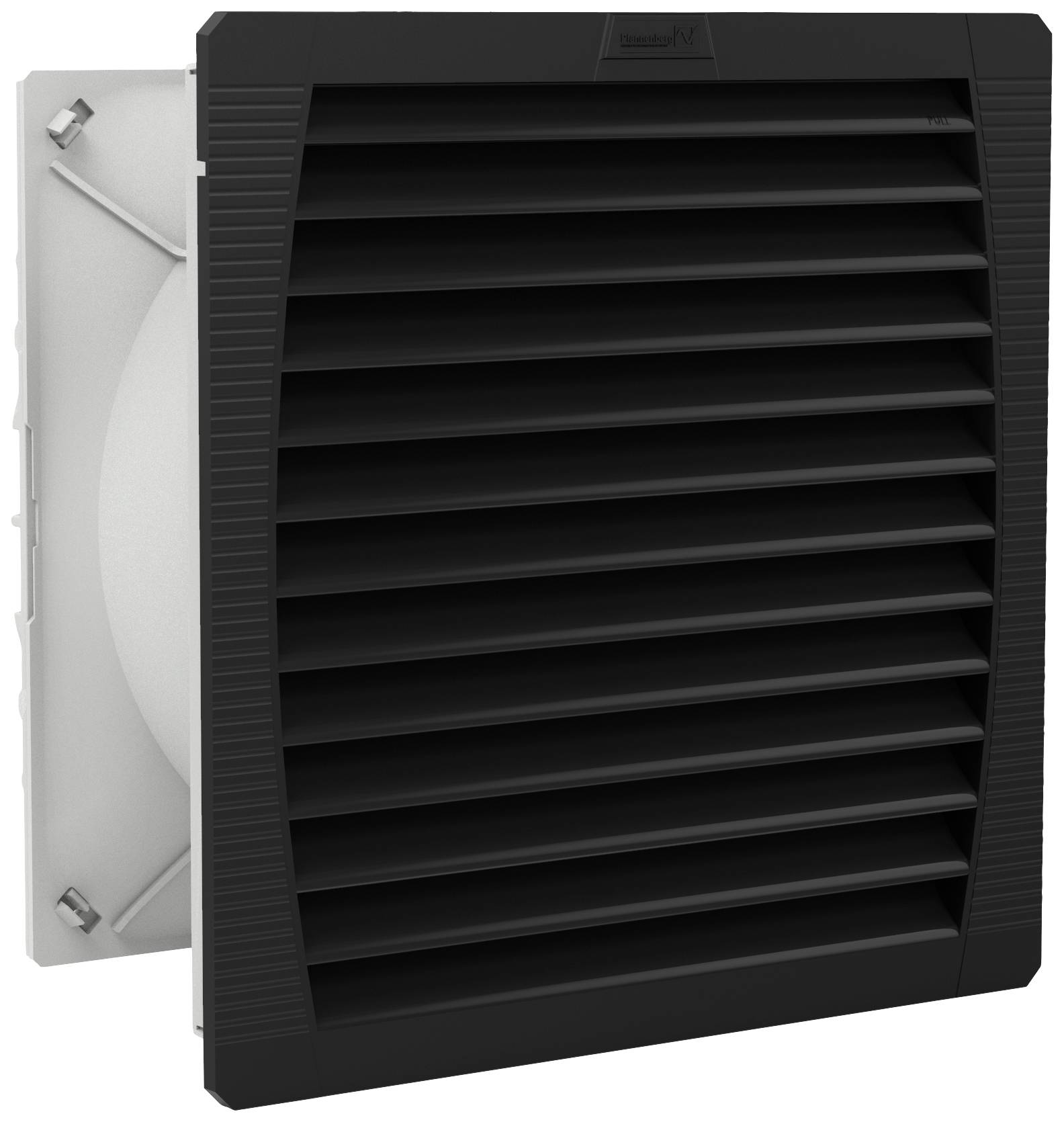 Insert de ventilation noir avec lamelles horizontales, conçu pour la ventilation d'installations électriques ou techniques.