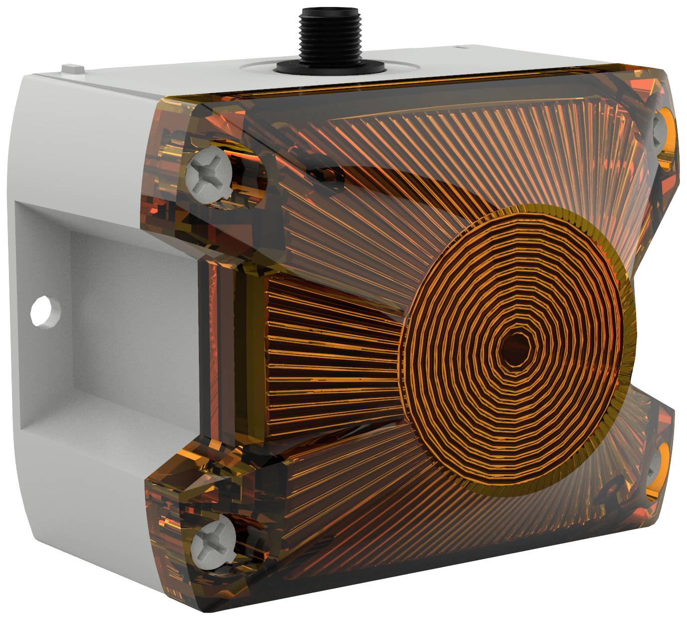 Un appareil électronique rectangulaire avec un boîtier transparent orange et des motifs circulaires sur la face avant.