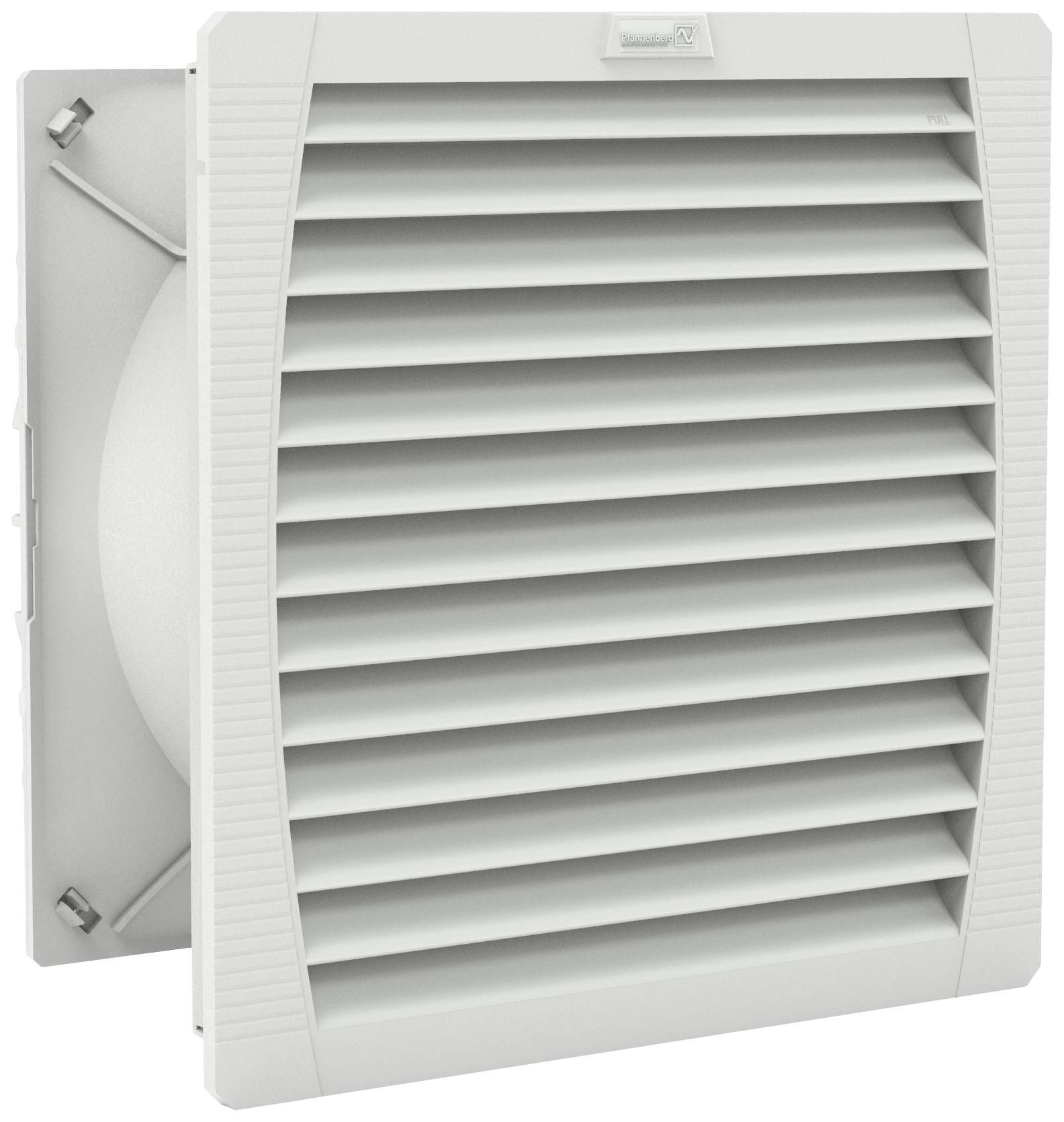 Grille de ventilation grise, carrée, avec des lamelles horizontales, conçue pour les systèmes de ventilation ; raccordement latéral visible.