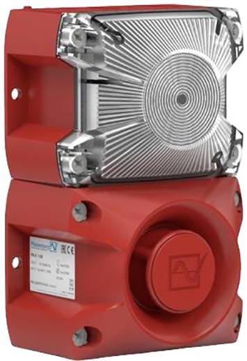 Dispositif de protection incendie rouge avec haut-parleur signalétique et lumière, utilisé pour avertir en cas de situations d'urgence.