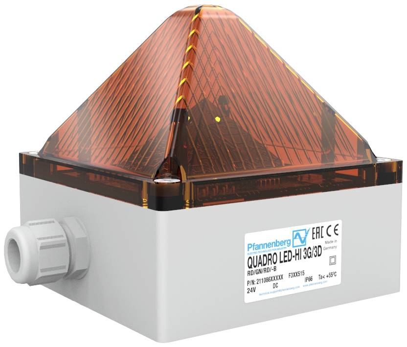 Un voyant d'avertissement rectangulaire LED avec un capot orange et un boîtier gris. Une étiquette indique 'Pfannenberg Quadro LED-Hi 3G/3D'.