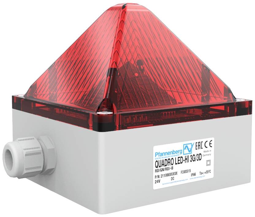 Un voyant d'alarme LED rouge en forme de pyramide, portant l'inscription 'Quadro LED-Hi 3G/3D' sur sa face avant, monté sur un boîtier gris.