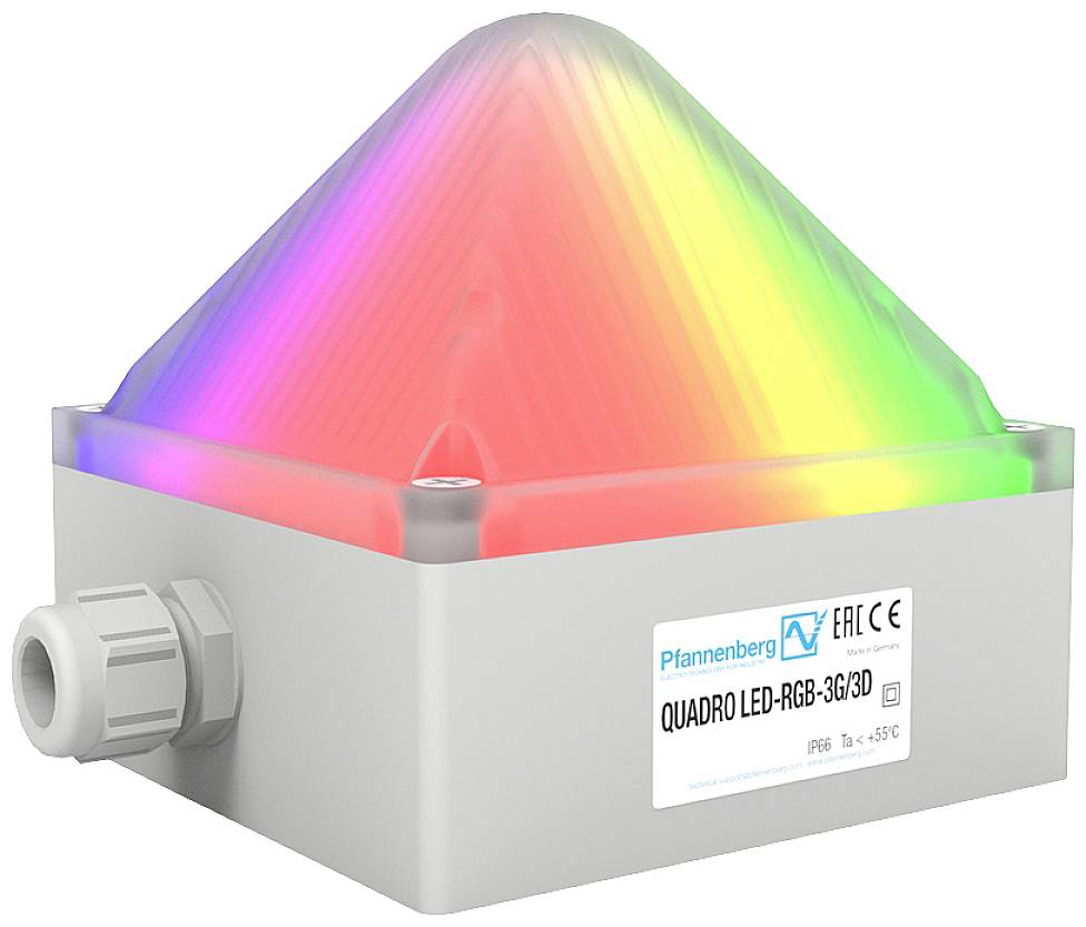 Un dispositif lumineux à LED avec un boîtier pyramidal illumine dans des couleurs arc-en-ciel. Sur la face avant, les marquages CE et EAC sont visibles.