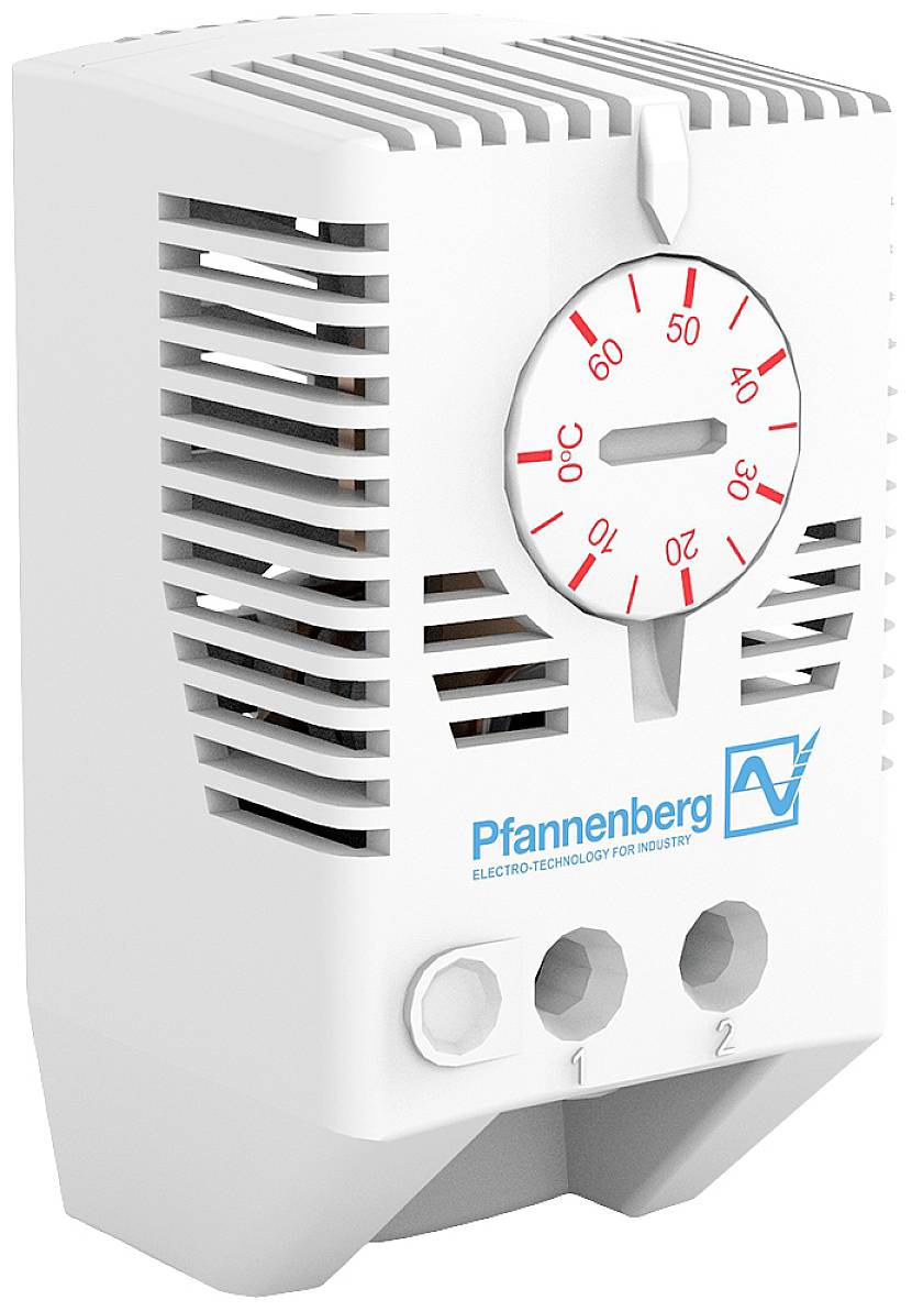 Thermostat électrique avec boîtier blanc, affichage de température de 0°C à 60°C, ouvertures de ventilation et logo Pfannenberg.