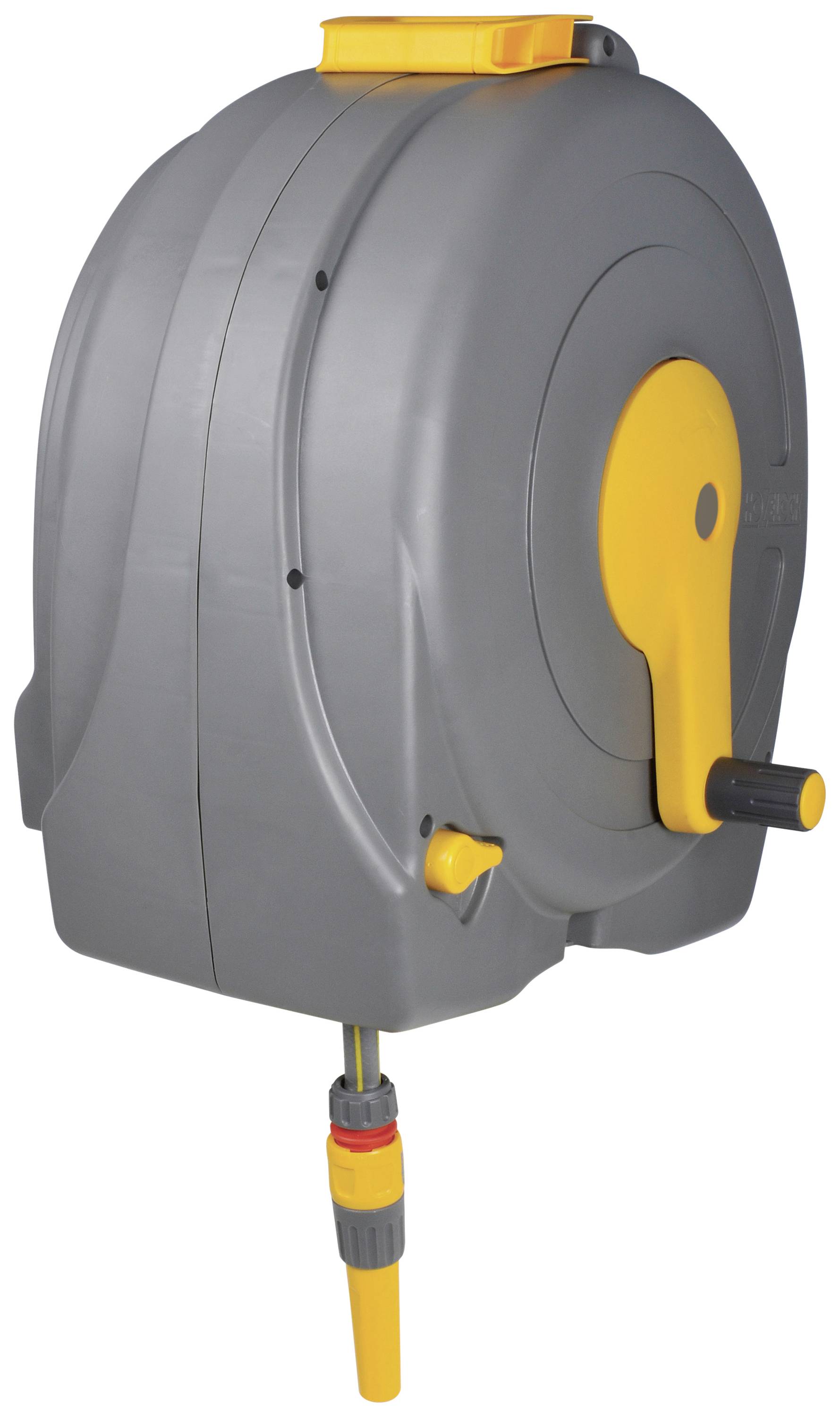 Enrouleur automatique de tuyau d'arrosage gris et jaune avec manivelle et raccord pour tuyau d'eau ; convient pour une fixation murale.