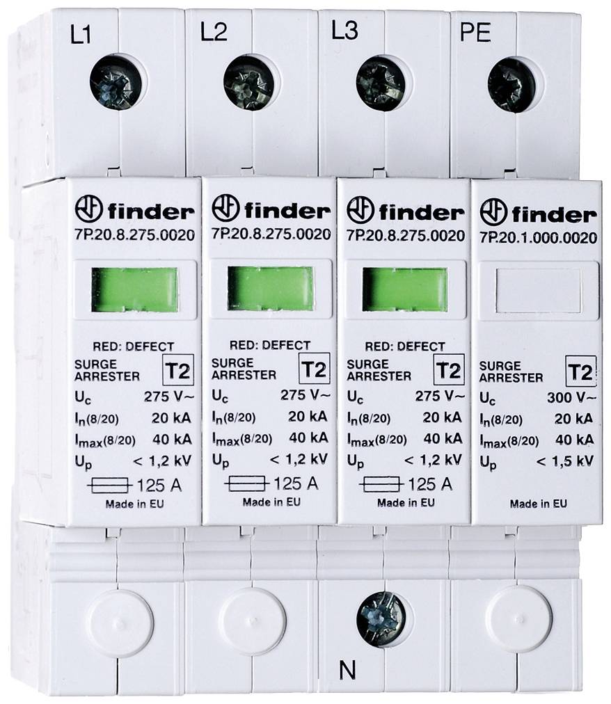 L'image montre un dispositif de protection contre les surtensions comprenant quatre modules destinés à protéger les circuits électriques contre les pics de tension.