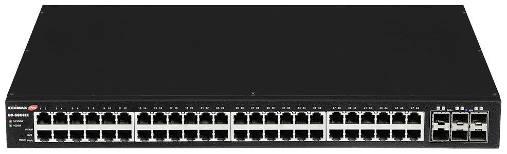 Un commutateur réseau avec 48 ports Ethernet et 4 ports supplémentaires pour câbles à fibre optique, adapté aux grands réseaux de données.