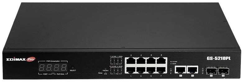 Un commutateur réseau noir avec plusieurs ports Ethernet sur la face avant et un affichage LED numérique. Modèle 'GS-5210PL'.