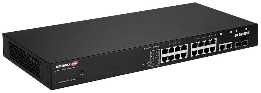 Un commutateur réseau noir avec plusieurs ports Ethernet et des voyants LED pour vérifier le statut, portant la marque 'EDIMAX'.