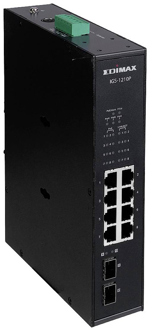 Switch réseau noir avec douze ports Ethernet et connexion d'alimentation verte en haut. Texte marqué 'EDIMAX IGS-1210P'.