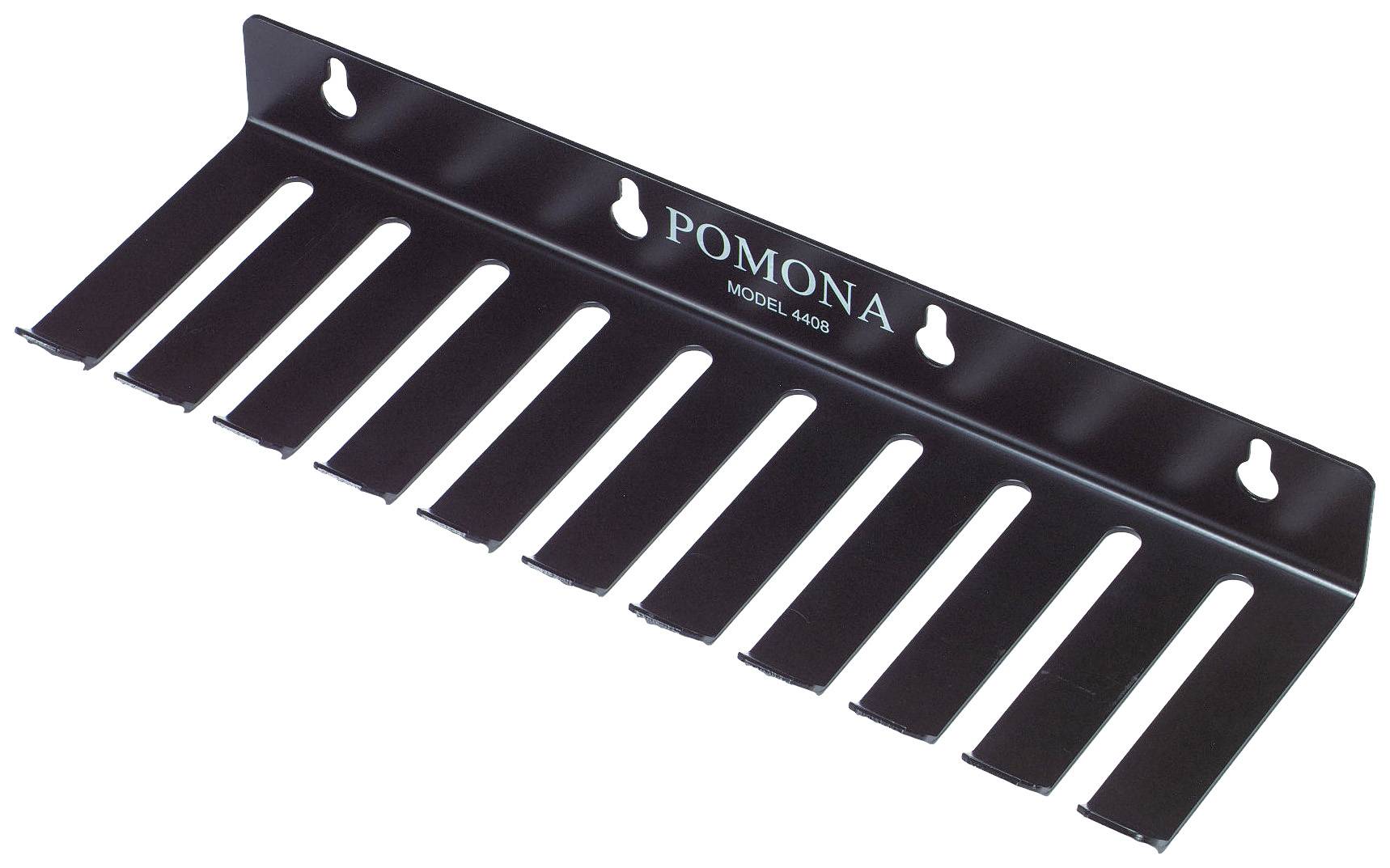 Rail métallique avec dix fentes verticales, désigné comme 'Pomona Model 4408', montable au mur pour le guidage des câbles.