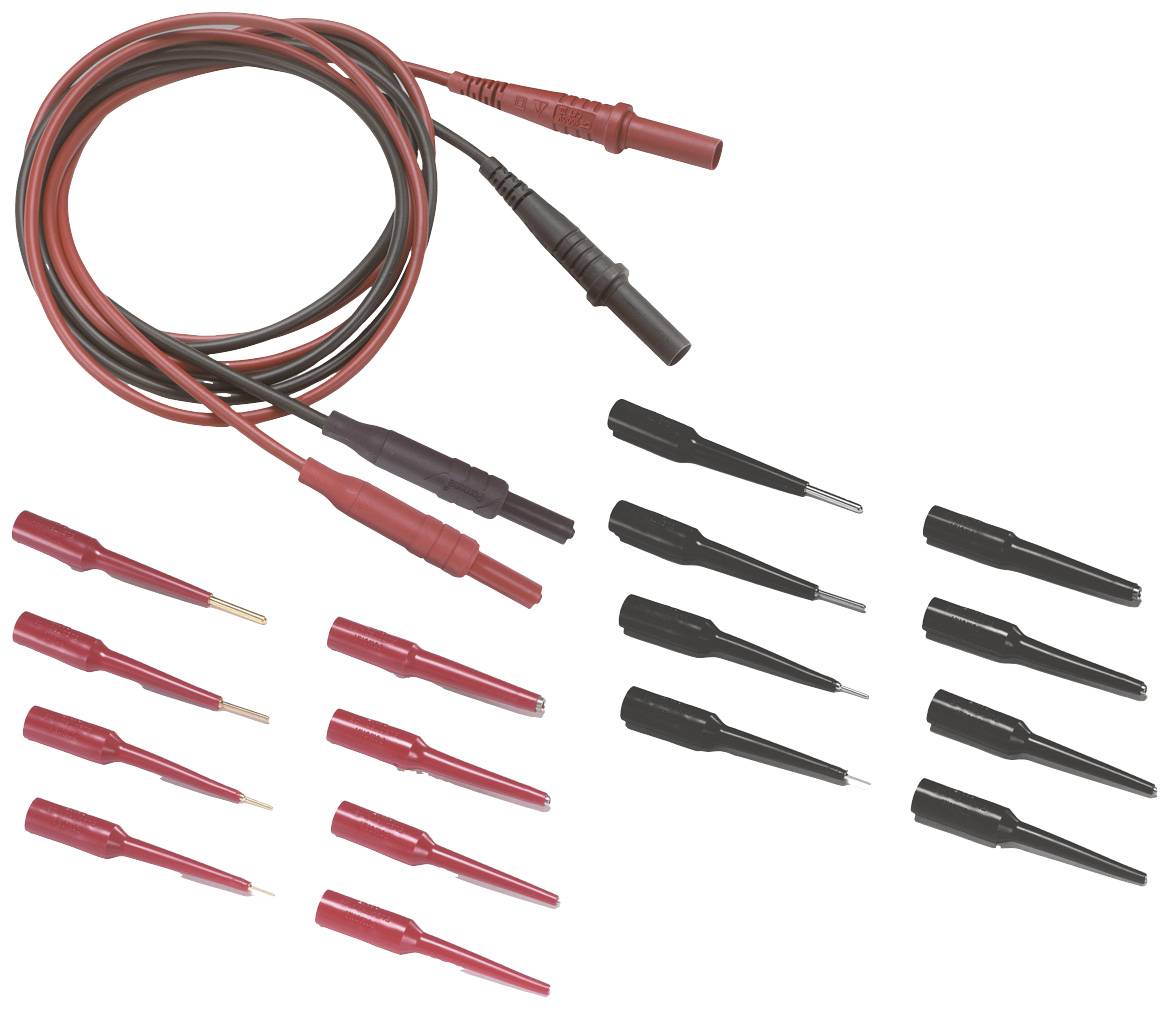 Un ensemble de fils de mesure rouges et noirs avec des pinces crocodile et des sondes, adapté à l'utilisation dans des appareils de mesure électroniques.